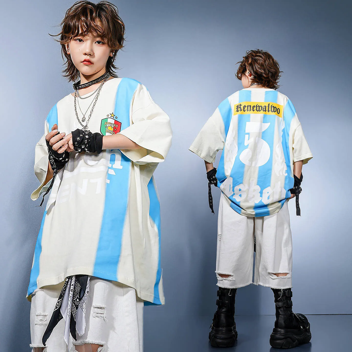 

Kid Kpop Hip Hop Clothing Beige Blue Striped T Shirt White Casual Distressed Ripped Shorts for Girls Boy Dance Costumes Clothes