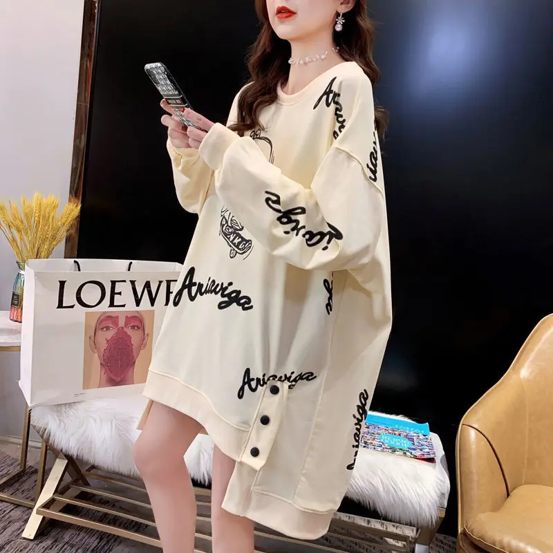 Oversized Women Clothing Korean Loose Printing O-neck Long Sleeve T-Shirts Autumn Winter All-match Irregular Mid Length Top