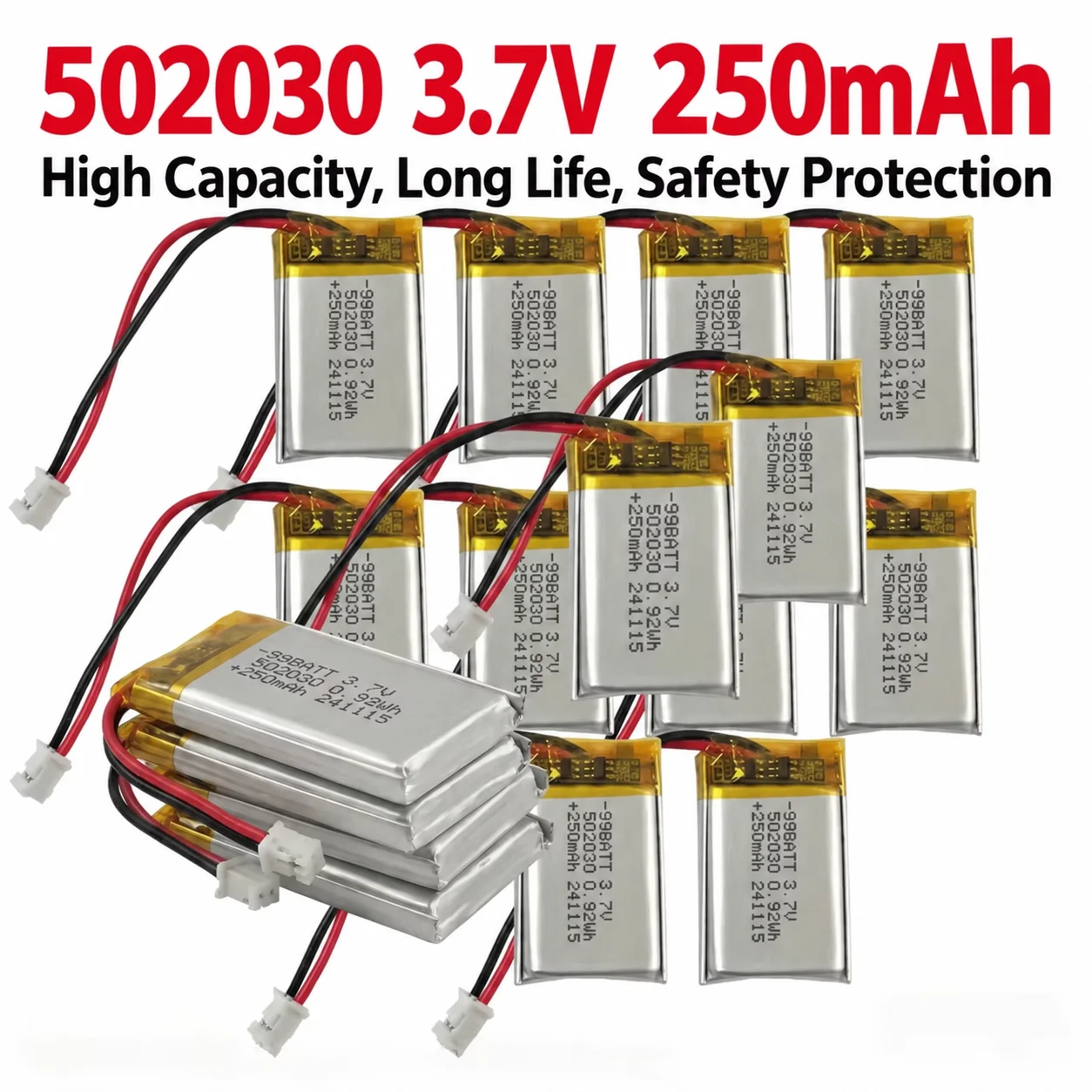 1-10Pcs 502030 3.7V 250mAh Li-Po Lithium Polymer Rechargeable Battery for Bluetooth Headset Smart Watch LED Light Toy 052030