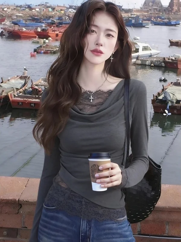 Elegant Lace Long Sleeve T-Shirt Women's Base Shirt Slim Fit Casual Style Spring Grey Inner Wear under Shirt Breathable Skin-...