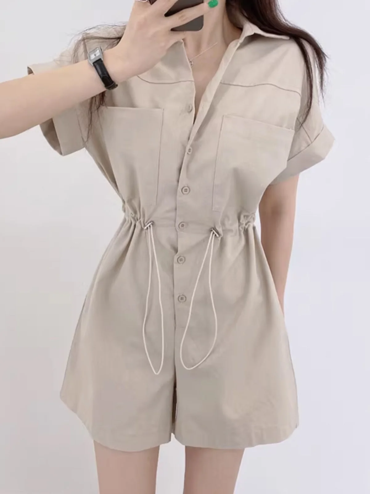 

Retro ort Sve Dstring Waist Collared Rer Women's Chic Design Sensation Small Faion Loose orts One-Piece Suit