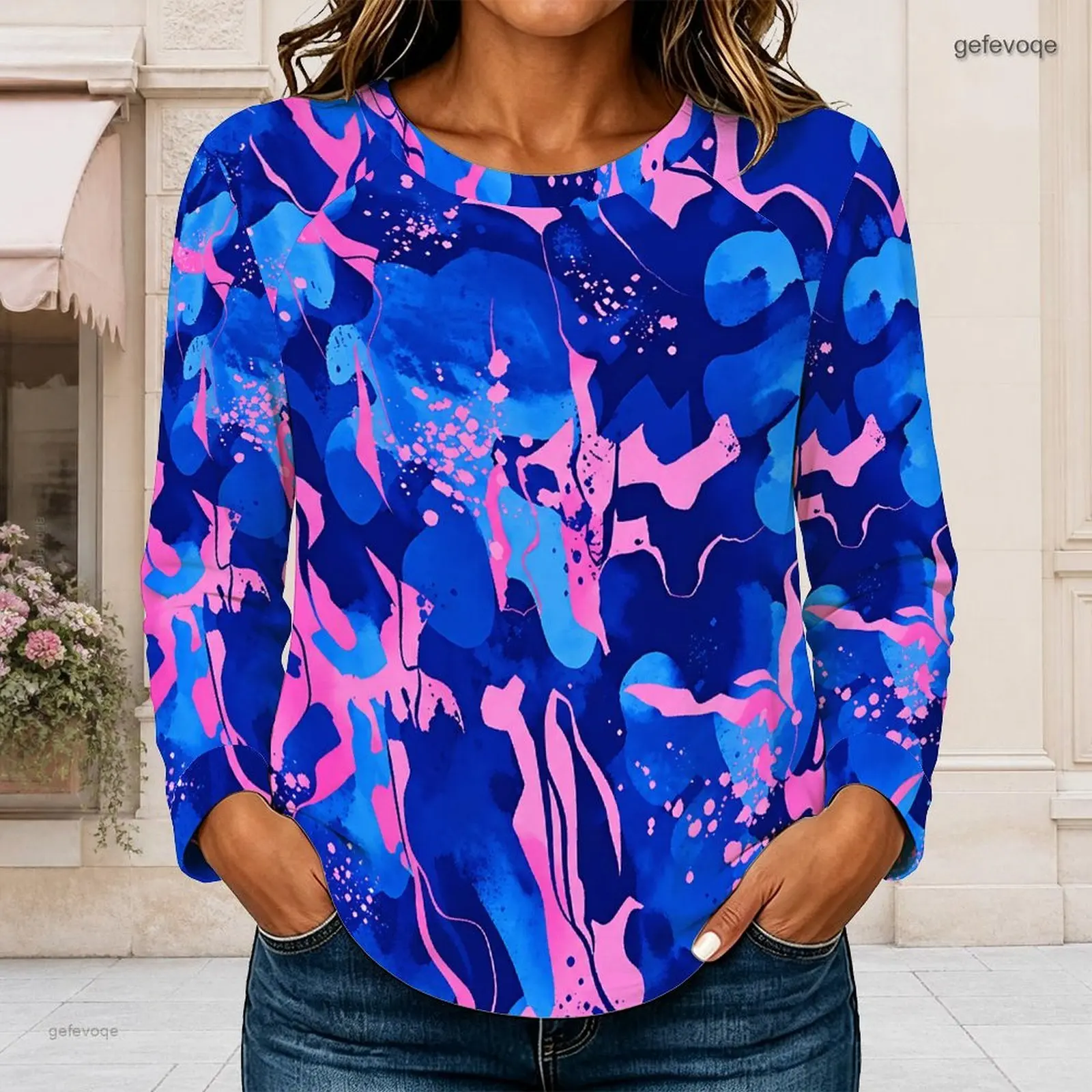 Women Round Neck Long Sleeve Top, Abstract Blue Pink Ink Splash Printed Curved Hem Casual Top