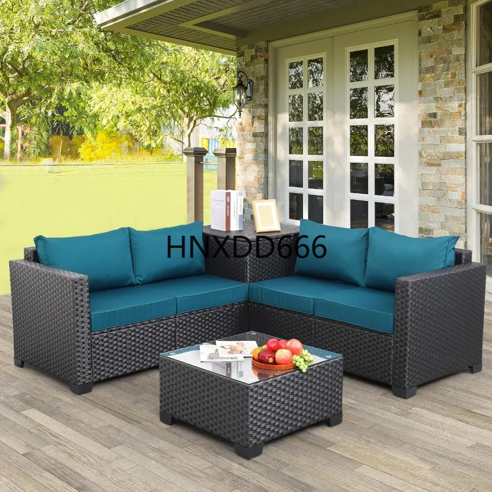 

PE Wicker Patio Furniture Set 4 Piece Black Rattan Sectional Loveseat Couch, Garden Furniture Sets