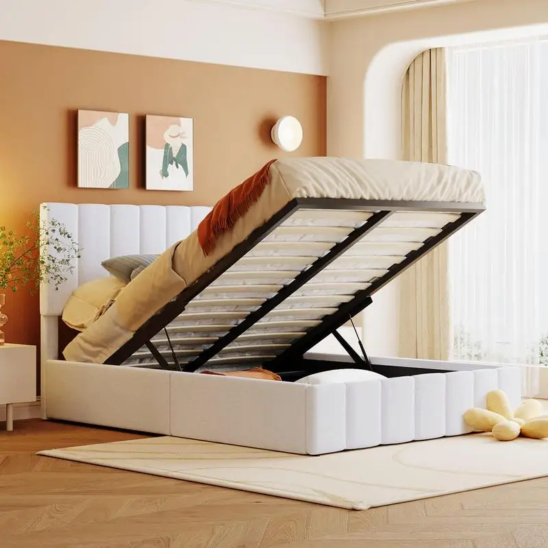 Full Size Upholstered Platform Bed with Hydraulic Storage System in White