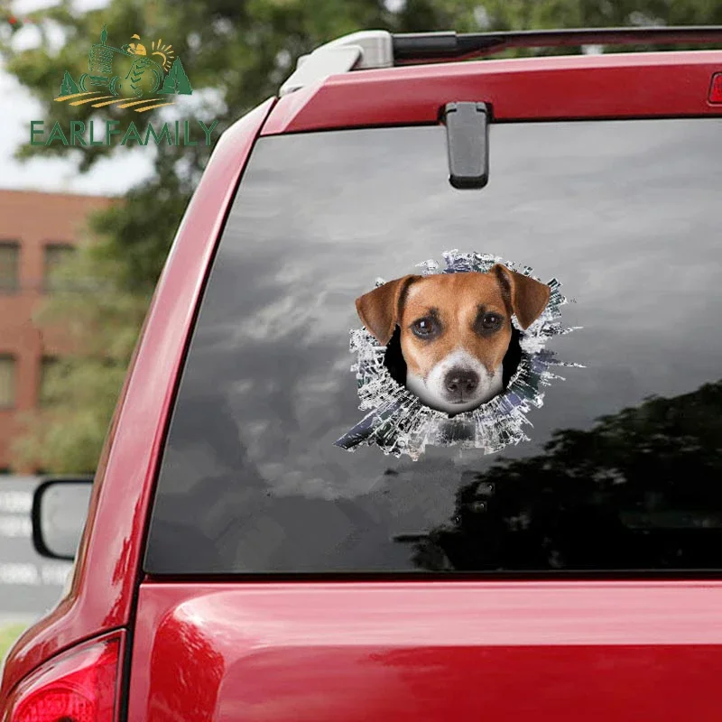 EARLFAMILY 13cm para Jack Russell Terrier fragmentos de vidrio pegatinas de coche calcomanía divertida accesorios de coche pegatina de parabrisas impermeable