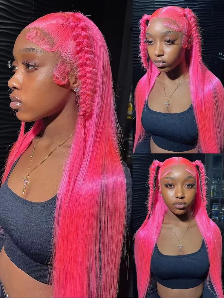 30 36 inch Hot Pink Transparent Lace Front Wig Human Hair 13x6 Lace Frontal Wigs For Women Long Straight Colored Human Hair Wigs