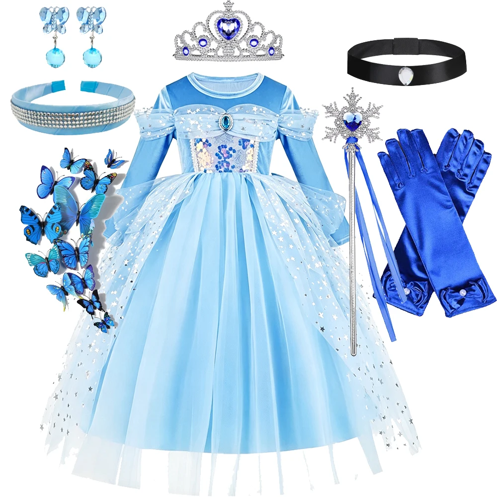 Mädchen Cinderella Blaues Pailletten-Prinzessinnenkleid mit Langen Ärmeln, Krone, Halskette und Komplettem Zubehör-Set als Geburtstagsgeschenk für Kinder – Detail 8