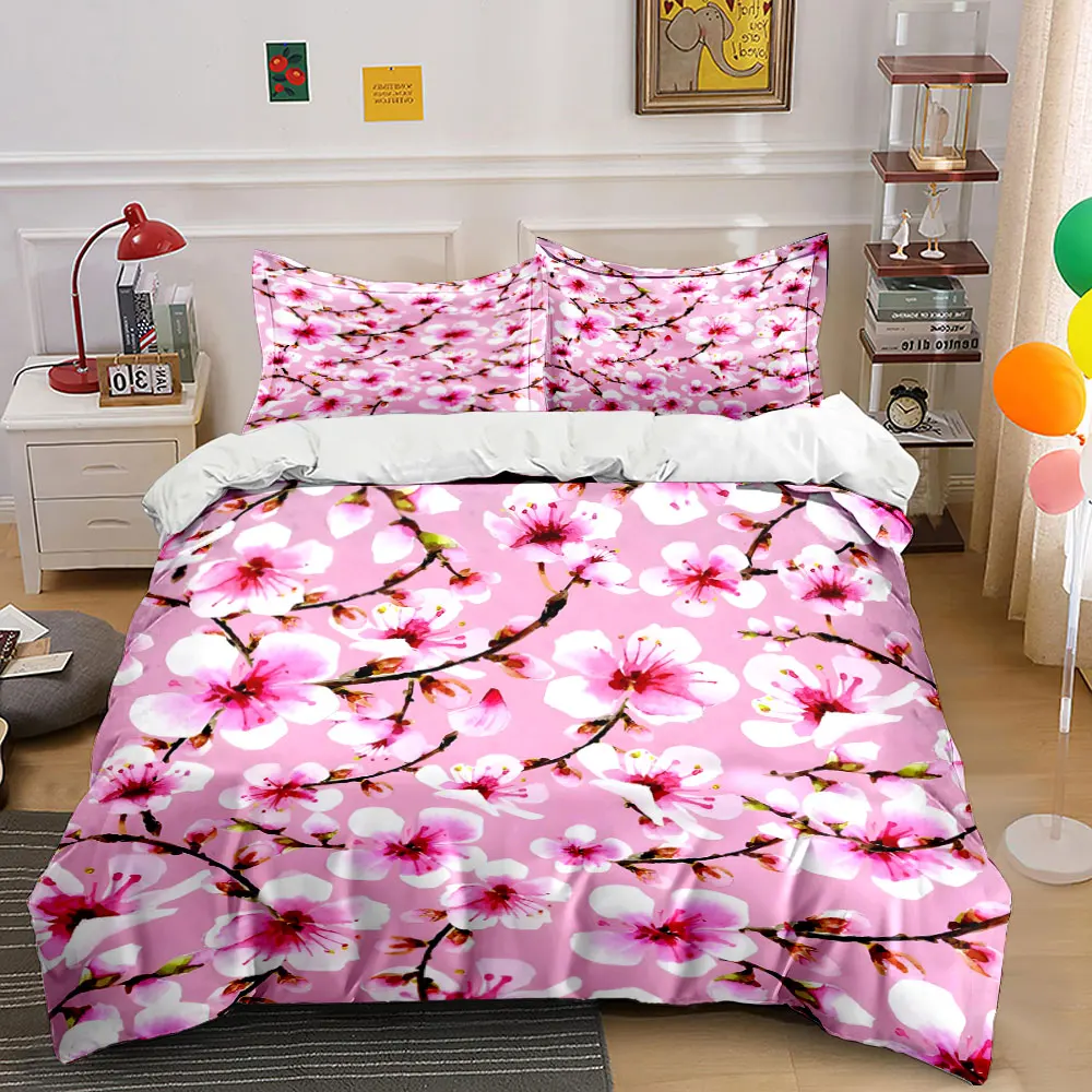 Blooming Sakura on Pink Background Pattern Duvet Cover Set Digital Print Colorful Polyester Bedding with Zipper Closur for gifts