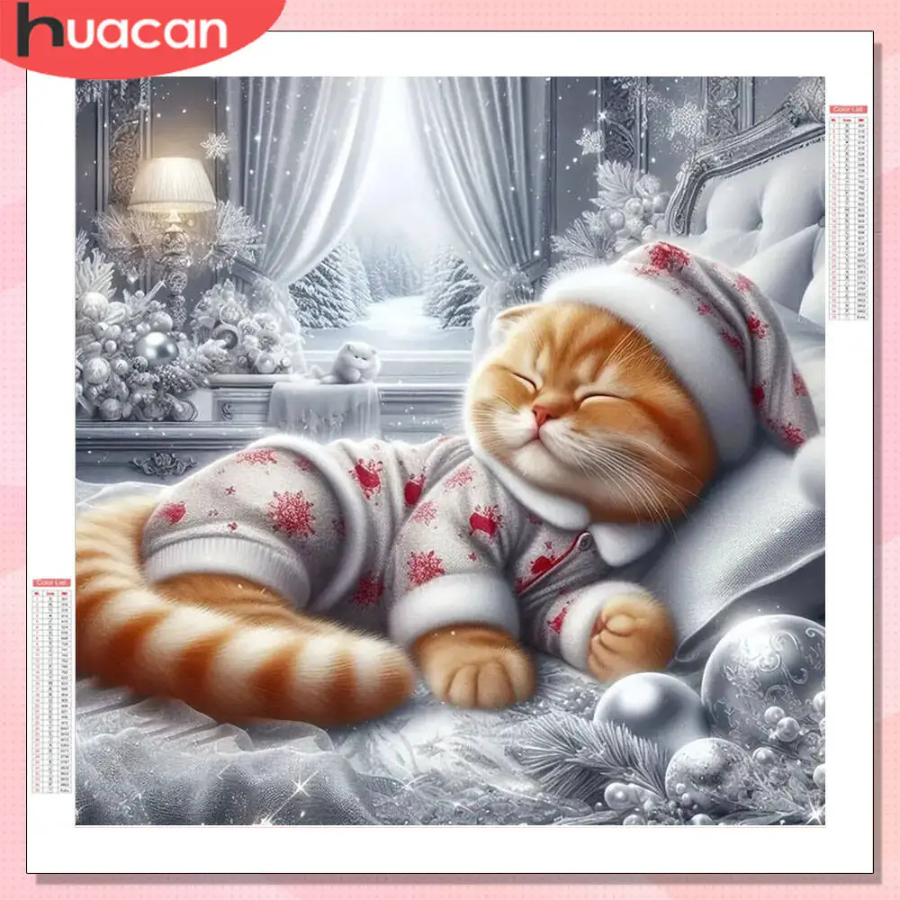 HUACAN 5D-Diamantgemälde, Weihnachten, Katze, Tier, voll, quadratisch, rund, Bohrer, Heimdekoration, Diamant-Stickerei, Verkauf, Strasssteine