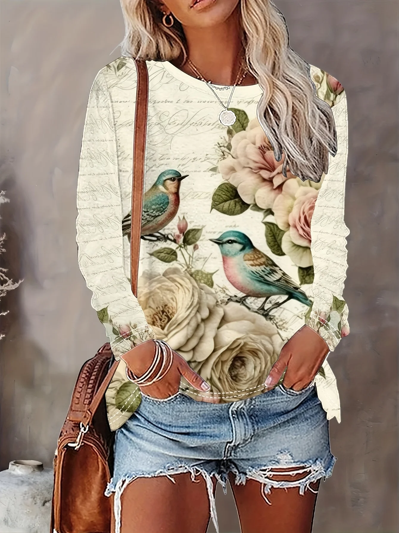 Women's Long Sleeve T-Shirt, Vintage Floral And Bird Print With Script Background, All-Winter Holiday Style Top Suitable For Leisure And Sports Scenarios
