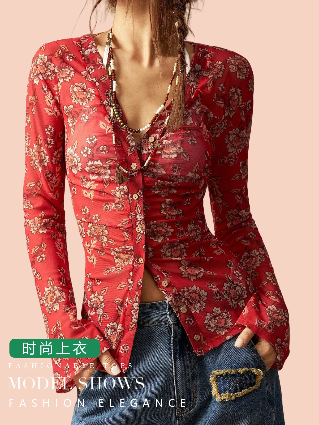 

2025 Women Printed Blouse Slim Fit Vintage Shirt Retro Floral Office Work Shirt Vacation Resort Holiday Top