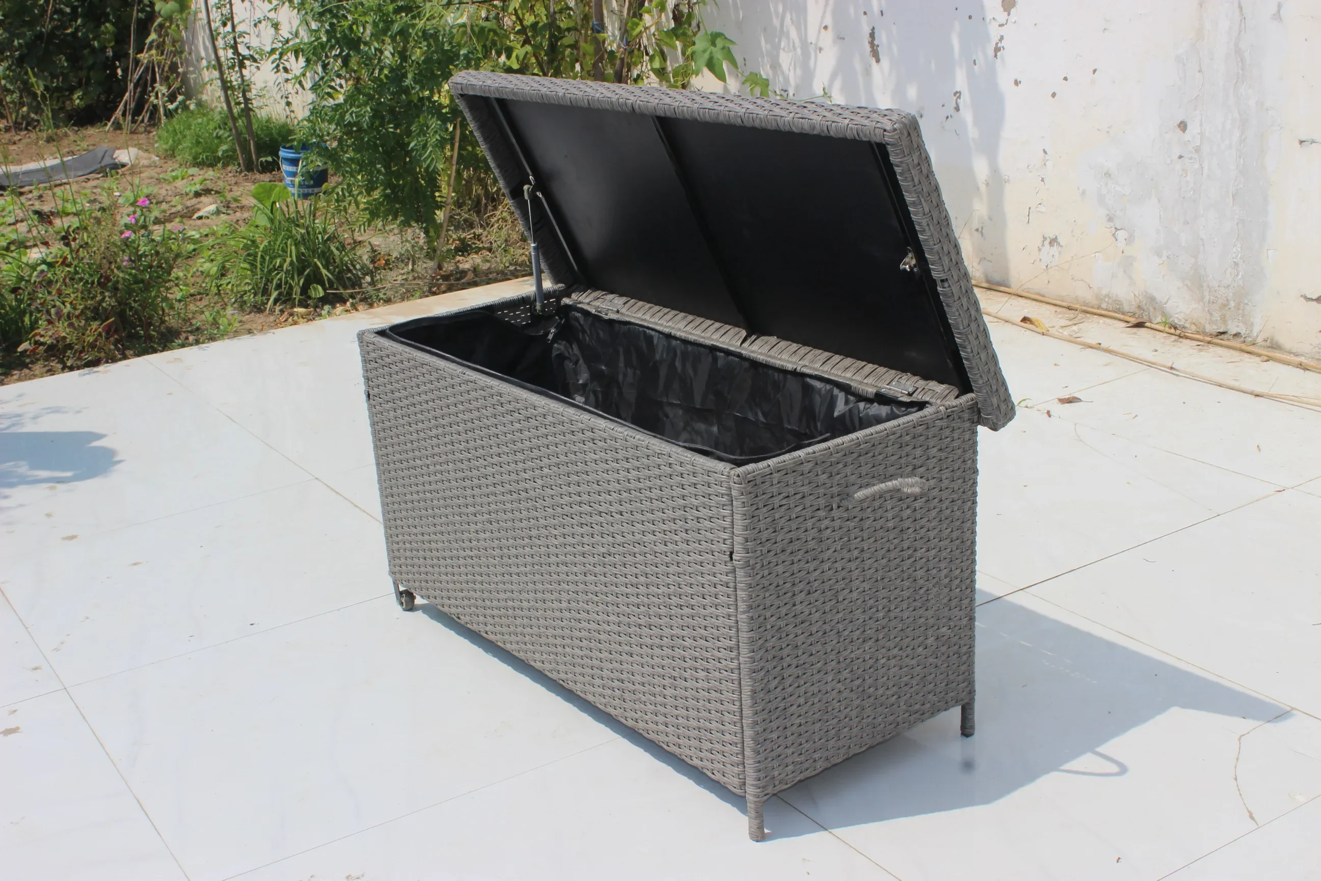 

Garden Plastic Rattan Storage Cabinet Waterproof Outdoor Cushion Storage Box with Wheels