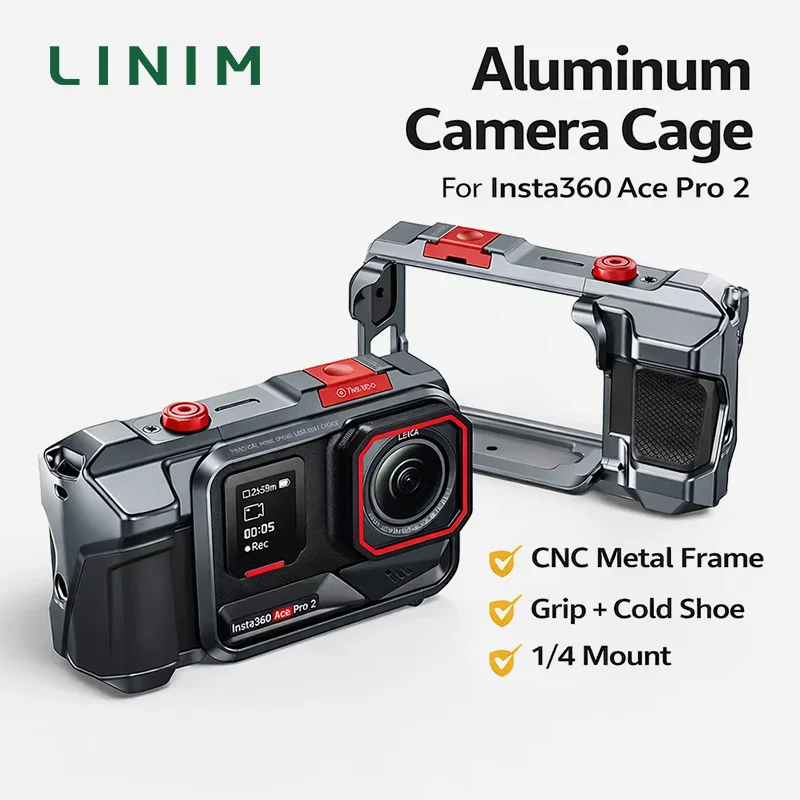 Aluminum Camera Cage for Insta360 Ace Pro 2 Metal Protective Frame with Grip Cold Shoe 1/4 Thread Mount Camera Expansion Frame