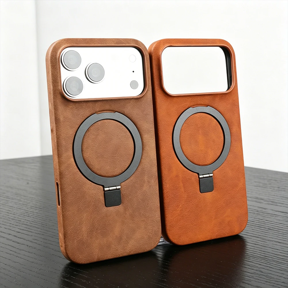 Magnetic Bracket Stand Leather Phone Case For iphone 17 Pro Max 17e 16e Air 15 16 12 13 Mini Coque For Magsafe Case Back Cover