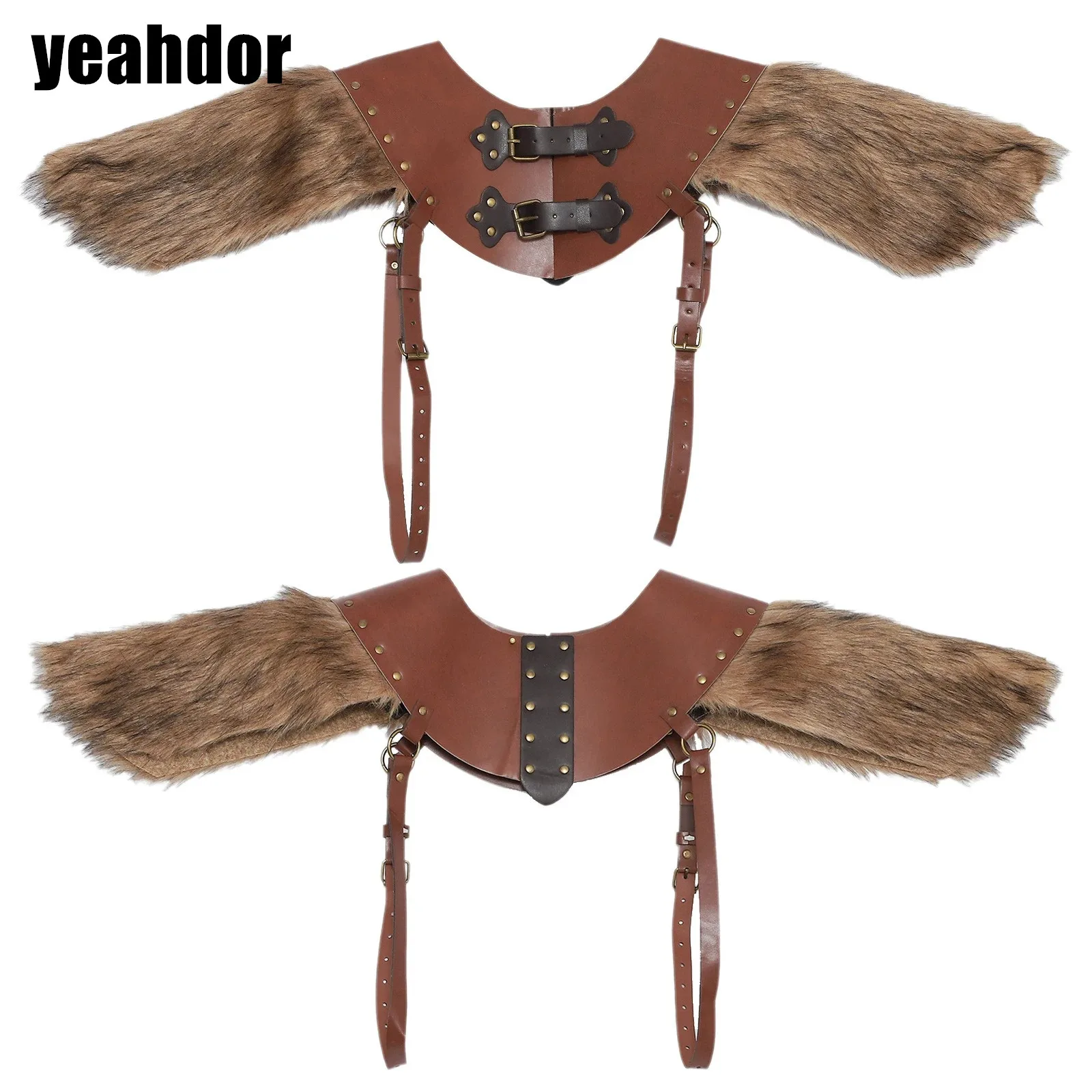 

Mens Medieval Shoulder Armors Viking Faux Leather Body Chest Harness Faux Fur Arm Guard Roman Knight Warriors Accessories