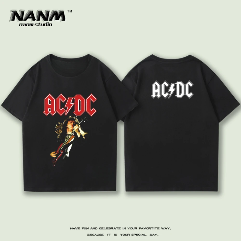 ACDC band peripheral short sleeve 100% cotton T-shirt male heavy metal American street vintage loose casual short sleeve