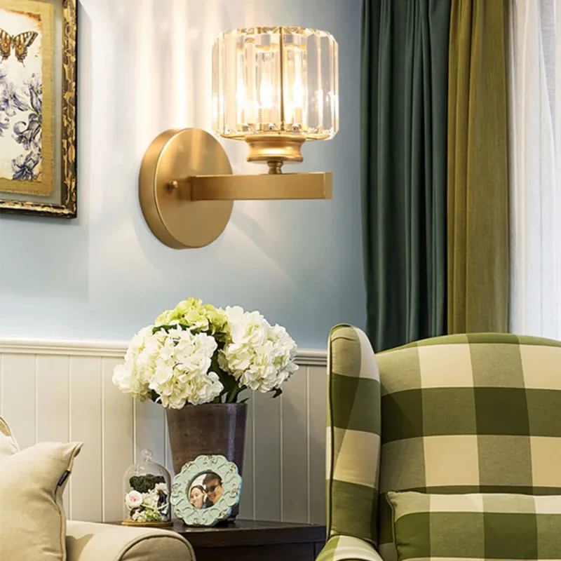 

Crystal Glass Lampshade Wall Sconce Iron Art Bedside Wall Lamp Fixture Simple Living Room For Girl Bedroom Restaurant Lights E27