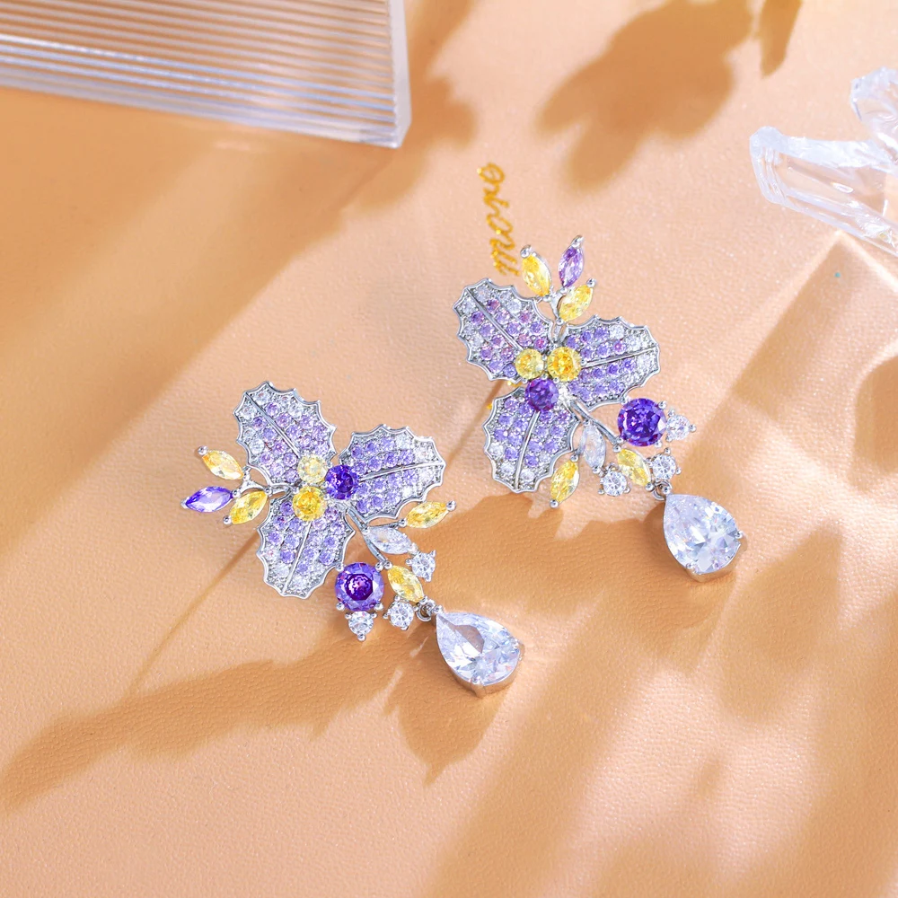 CWWZircons Chic Purple Cubic Zircon Pretty Long Big Flower Leaf Drop Dangle Earrings for Women Engagement Bridal Wedding CZ760