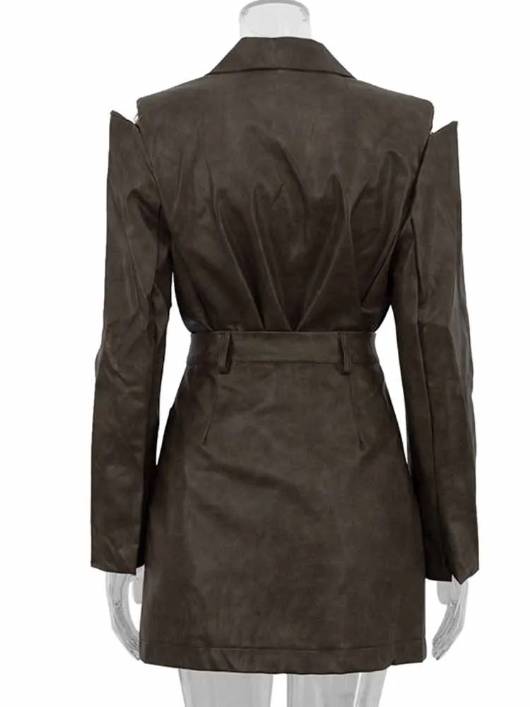 BKQU PU Leather Women Blazer Skirt Suits Fashion Long Sleeve Hollow Out Lapel Coat Button High Waist Mini Skirt 2 Pieces Outfits