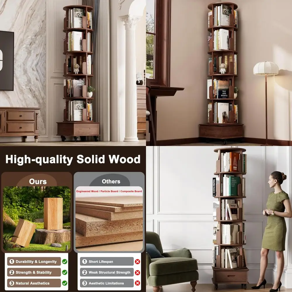 برج رف كتب خشبي دوار بخمس طبقات مع درج وعجلات، وخزانة كتب دوارة قائمة بطول 72 بوصة #1