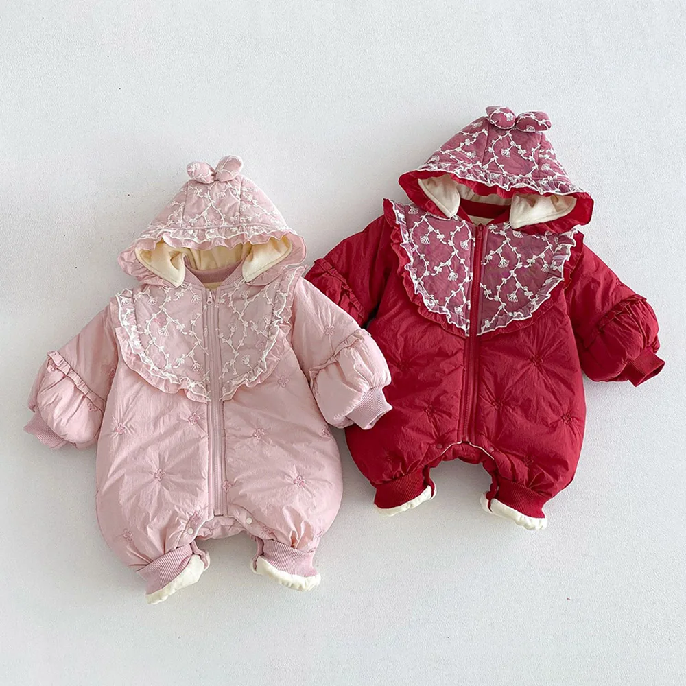 

Зимний комбинезон для маленьких девочек, утепленный флисовый комбинезон с капюшоном, теплая рождественская эксклюзивная одежда для младенцев, красный новогодний детский комбинезон в китайском стиле