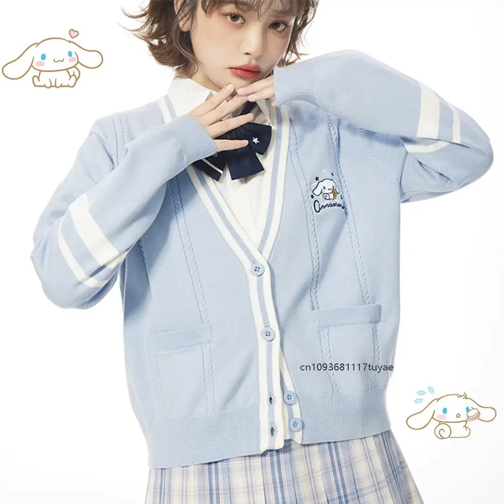 Cinnamoroll Girls Jk Cardigan Sweater Kuromi Melody Kawaii Anime Sanrios Y2K Cute Spring Knit Coat Preppy Loose Sweet Embroidery