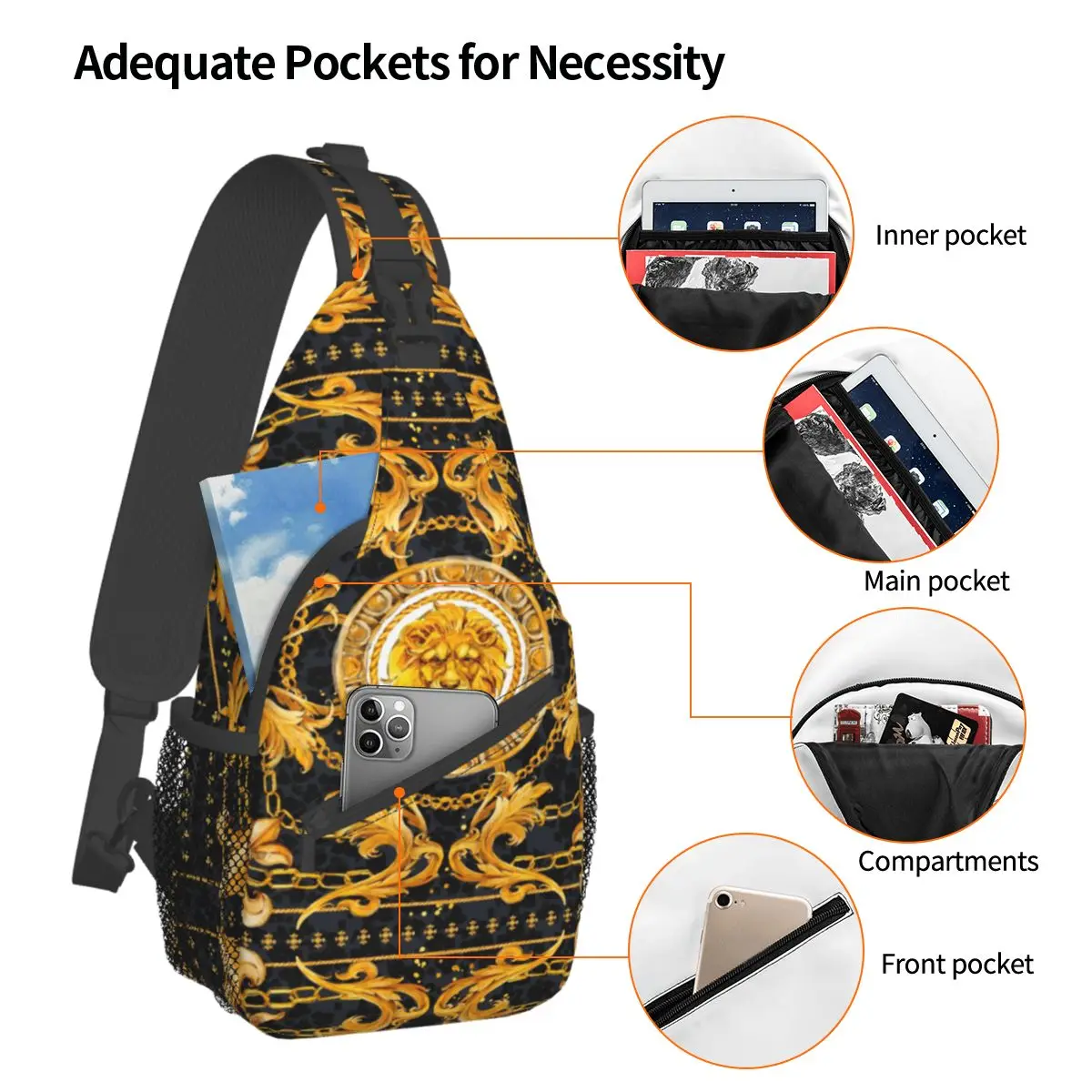 Chal de lujo de encaje dorado, bandolera pequeña para el pecho, mochila de hombro para deportes al aire libre, mochilas escolares con estampado de acuarela