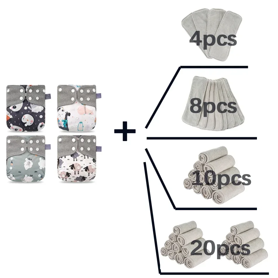 친환경 회색 메쉬 천, 세척 가능한 포켓 기저귀, 조절 가능한 재사용 가능한 fralda 생태 천 기저귀, 삽입물 포함, 세트당 4 개, 신제품