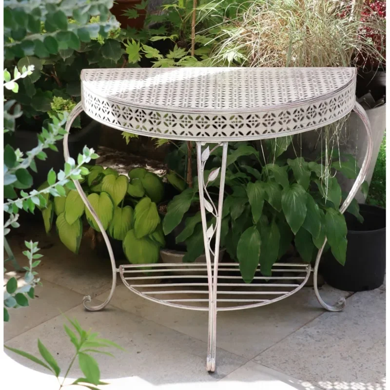 

Outdoor Courtyard Flower Rack against Wall, Standing Plant Shelves, Iron Do Old Floral Table Foyer Semi-circular Storage Shelf