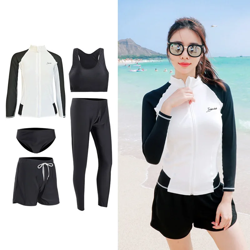 Women's 5pcs/set Long Sleeve Swimsuits Bathing Suit Rash Guards Tops+Bottoms Full Body Surfing Wetsuit Swimwear Boyshort Sunsuit