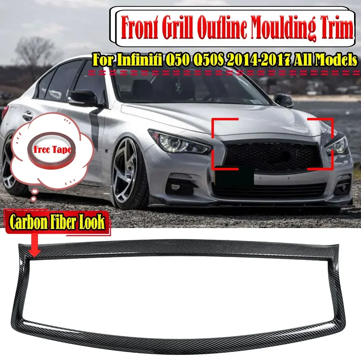 

Glossy Black/Carbon Fiber Look Front Grille Trim Overlay Cover Add On Front Bumper Grill Frame For INFINITI Q50 Q50S 2014-2021