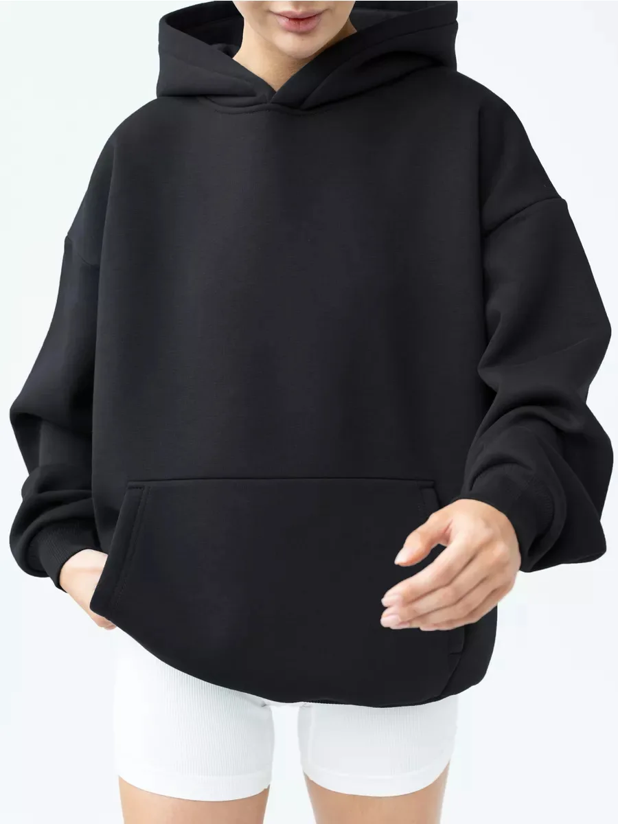 

Black korean style Long sleeved hooded sweatshirt, loose fitting casual top for women