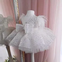 Girls White Princess Ball Gown  High End Sequin Bow Fluffy Gauze Dress Children's Birthday Party Evening Dresses y1321