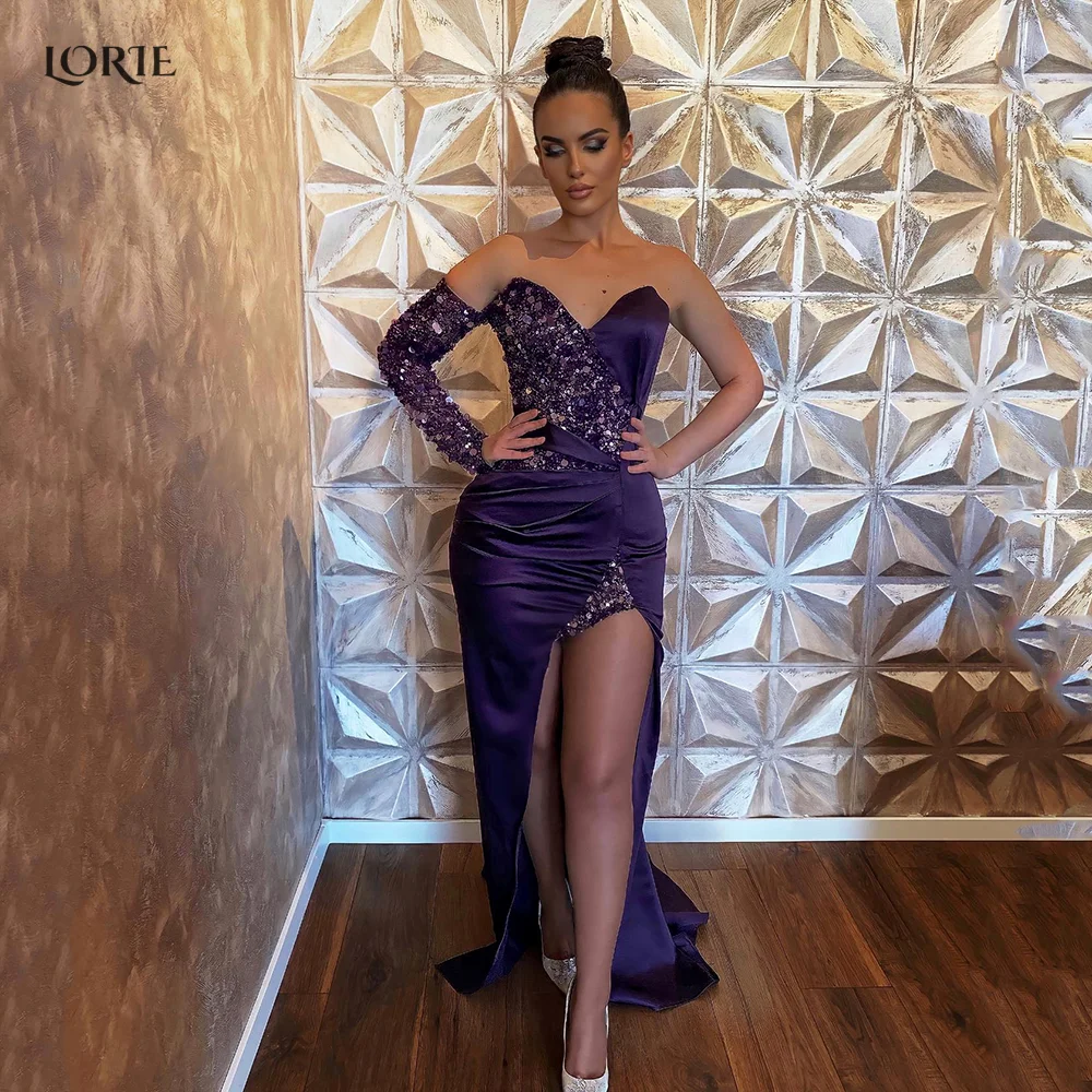 

LORIE Sequins Purple Evening Dresses Off Shoulder Glitter Sweetheart Pleat Mermaid Celebrity Gowns Side Split Arabia Party Gown