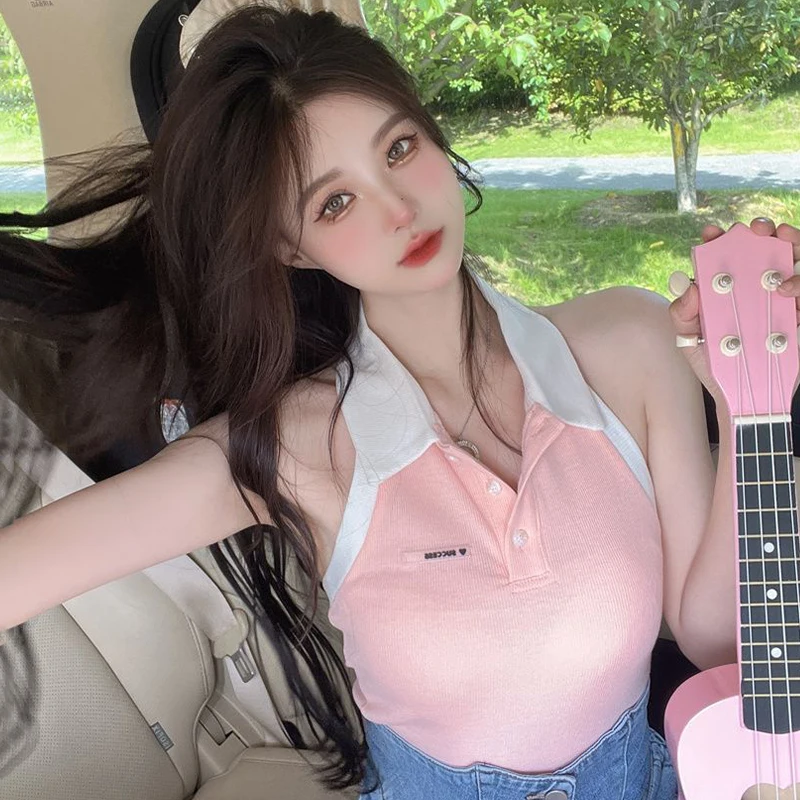 Pure Desire Bavero Halter senza maniche Gilet lavorato a maglia sottile Top senza maniche sexy da donna estivo