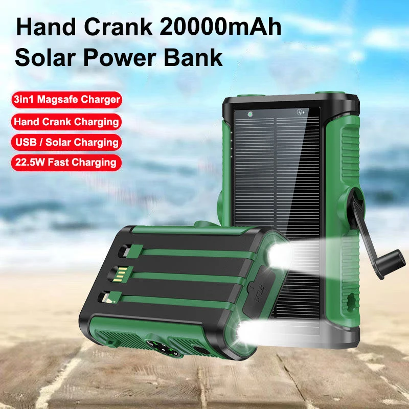 

20000mAh Hand Crank Solar Power Bank with 22.5W PD Fast Charging Magsafe Wireless Charger Powerbank for iPhone 16 iWatch Airpods