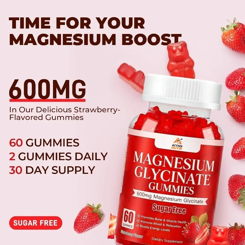 Magnesium Glycinate Gummies 600mg, High Absorption Magnesium Supplement, Used for Muscle Health Support with 60 Gummies