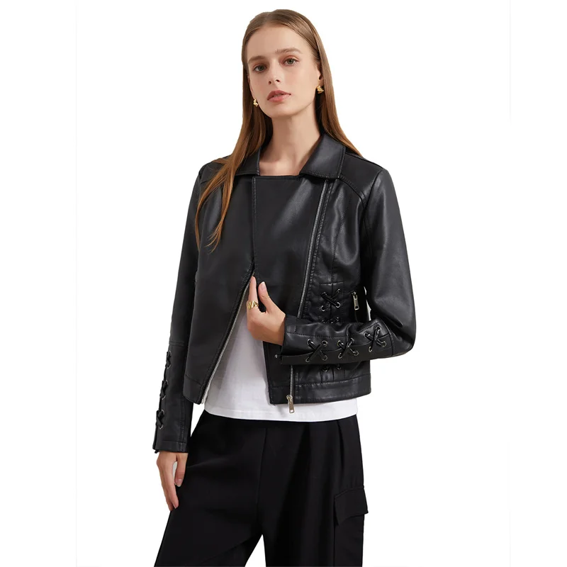 Chaqueta corta de cuero con vendaje para mujer, abrigo ajustado de cuero PU para motociclista, prendas de vestir exteriores con cuello vuelto, Top informal para primavera y otoño