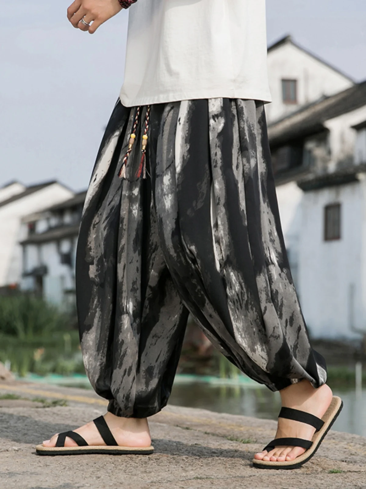 

New Chinese Sle Men's Summer Thin adient Dyed Casual Long Pants Ice Silk Harlan Loose Fit Straight Leg Casual Trousers