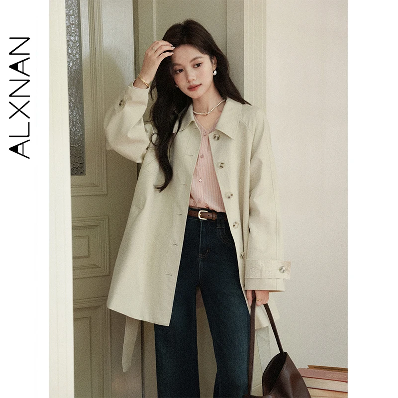 

ALXNAN Light Khaki Women's Windbreaker Mid-length Fashion Back Embroidered Trench Coat 2025 Fall Office Lady Cotton Coat L57592