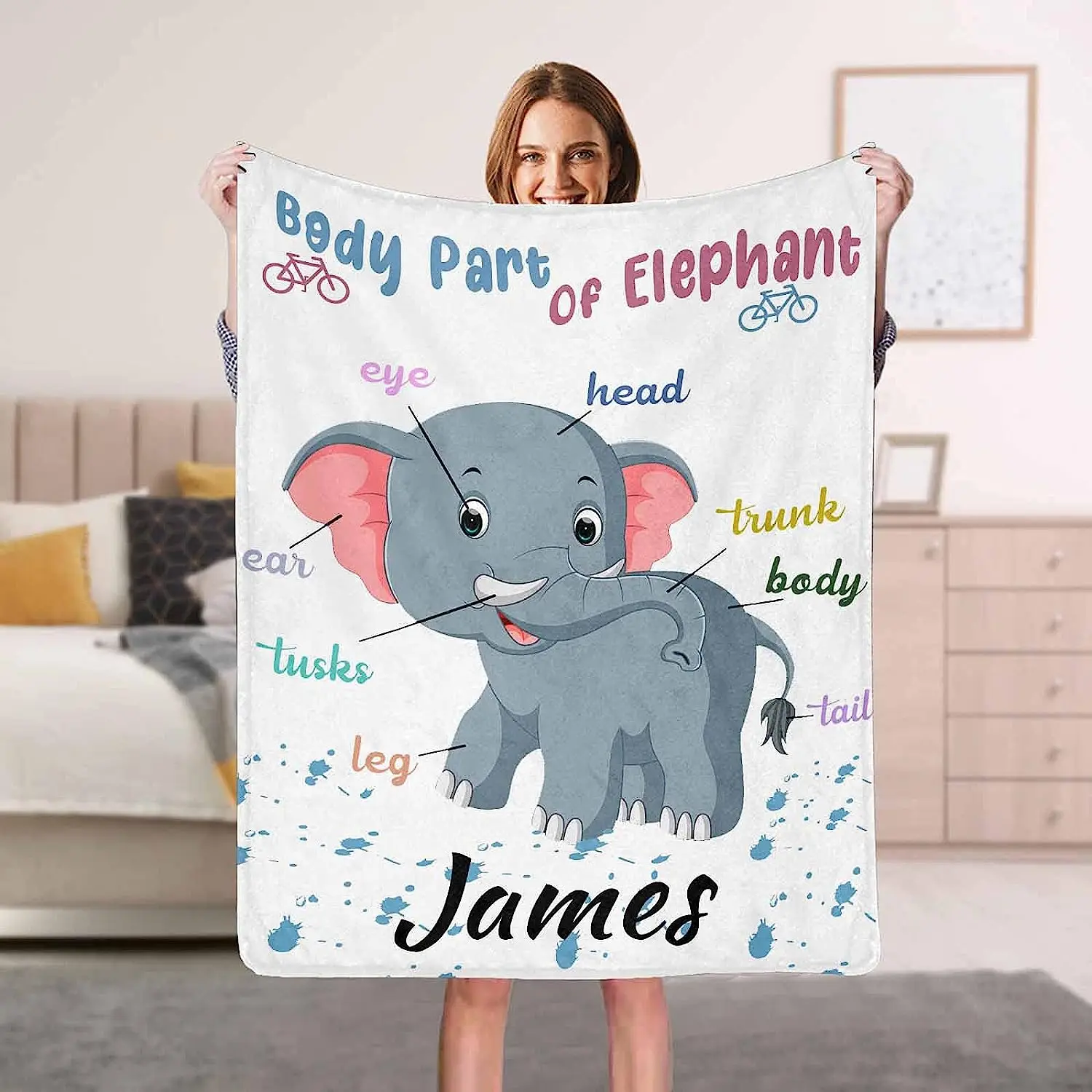 Personalized Elephant Kid Blanket Name Blankets for Boys Girls Baby Women Personalized Throw Blanket with Name Custom