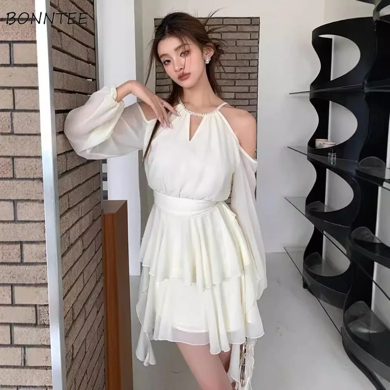 Dresses Women Hollow Out Design Chic Defined Waist Off-shoulder Ruffles Popular Long Sleeve Vestidos Gentle Sweet Spring Summer