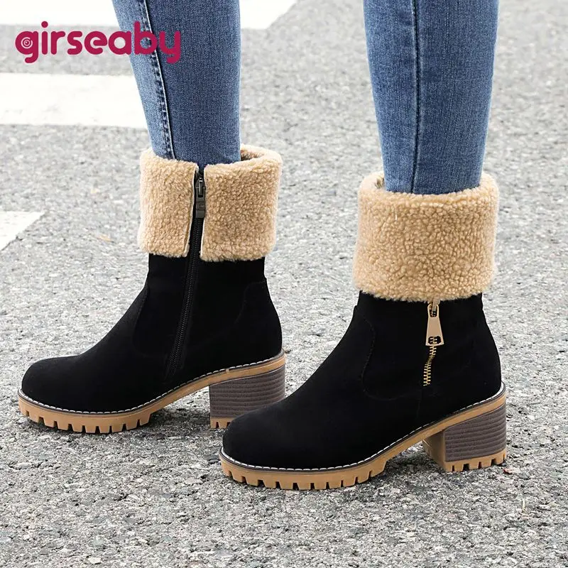 

Girseaby Fashion 2025 New Women's Winter Footwear Round Toe Block Heels 6cm Zipper Leisure Daily Style Oversize 42-45 Brown