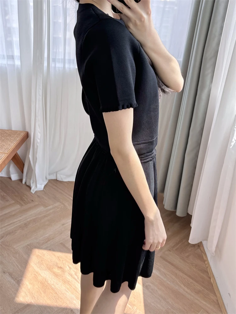 Two piece skirt set women Age reducing Knitted Set Round Neck Black Ear Edge Short sleeved Top+pleated Skirt S Home Set