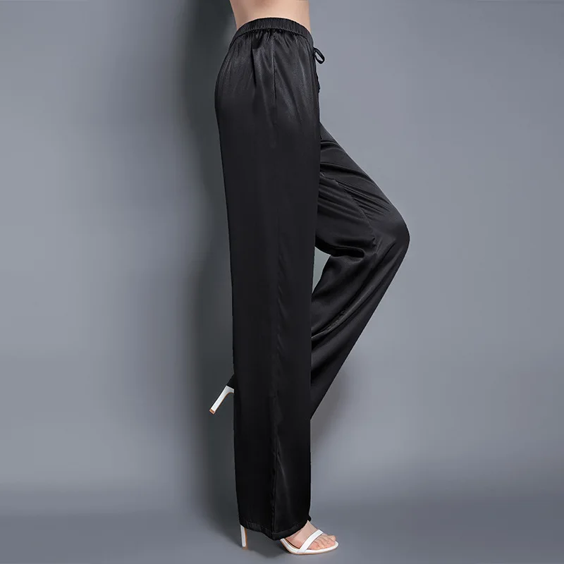 Birdsky, 1PC Women trousers wide leg straight pant drawstring pants high waist real mulberry silk spandex solid color, S-923