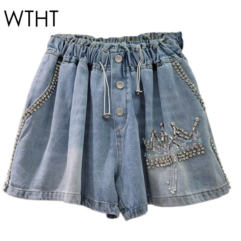 

WTHT Fashion 2025 Summer Women Heavy Industy Spliced Diamond Denim Shorts Vintage Hip-wrapping A-ling Short Pant Female 1LS1853