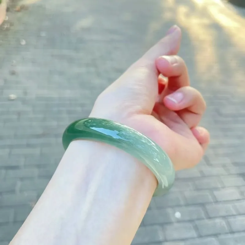 Natural Burmese oil-green jadeite bracelet, designed for young women, featuring a mix of old mine and semi-water jade, perfect a
