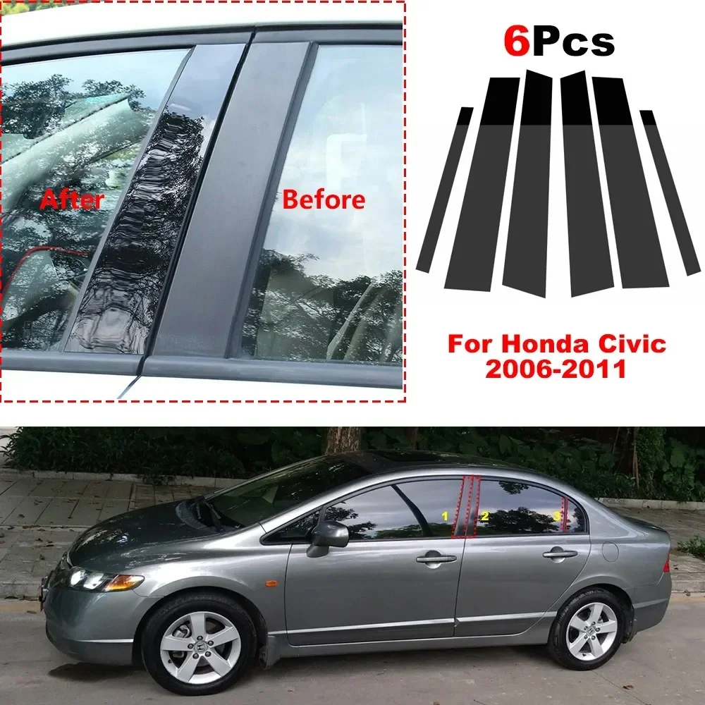 

6Pcs Car Window Pillar Posts Cover Trim for Honda Civic 2006-11 Center BC column stickers For Honda Civic 2006-11 Mirror effect