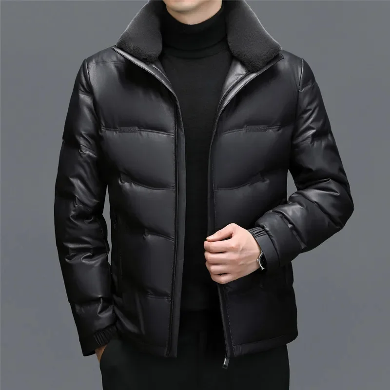 Abrigo de plumón de piel de oveja para hombre, abrigo de piel de oveja de pie de lana corta y cuello con felpa, grueso, informal, cuero genuino,
