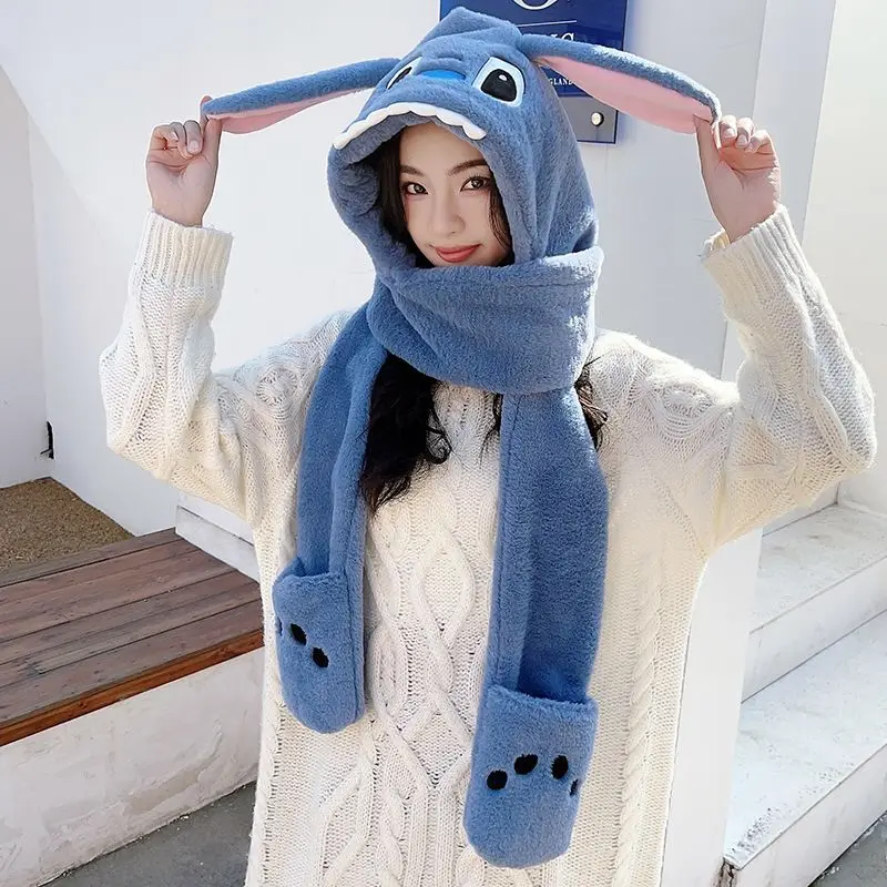 Zimowe czapki damskie, szaliki i rękawiczki Gruby ciepły zestaw Disney Stitch Fluffy Plush Keep Warm do ochrony uszu Czapki nakrycia głowy